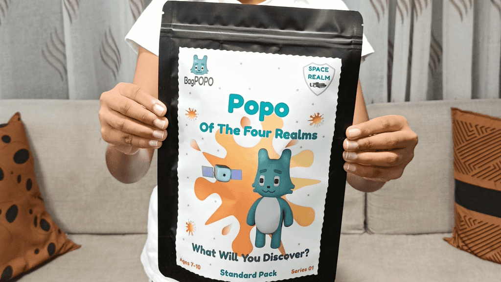 Child independently exploring a BagPopo craft pouch at home